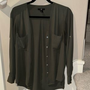 H&M button down blouse in olive green color, flowy fabric with nice accents